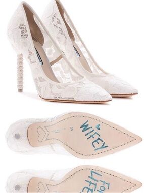 Sophia Webster White Lace Pointed-Toe Pumps with Beaded Heel